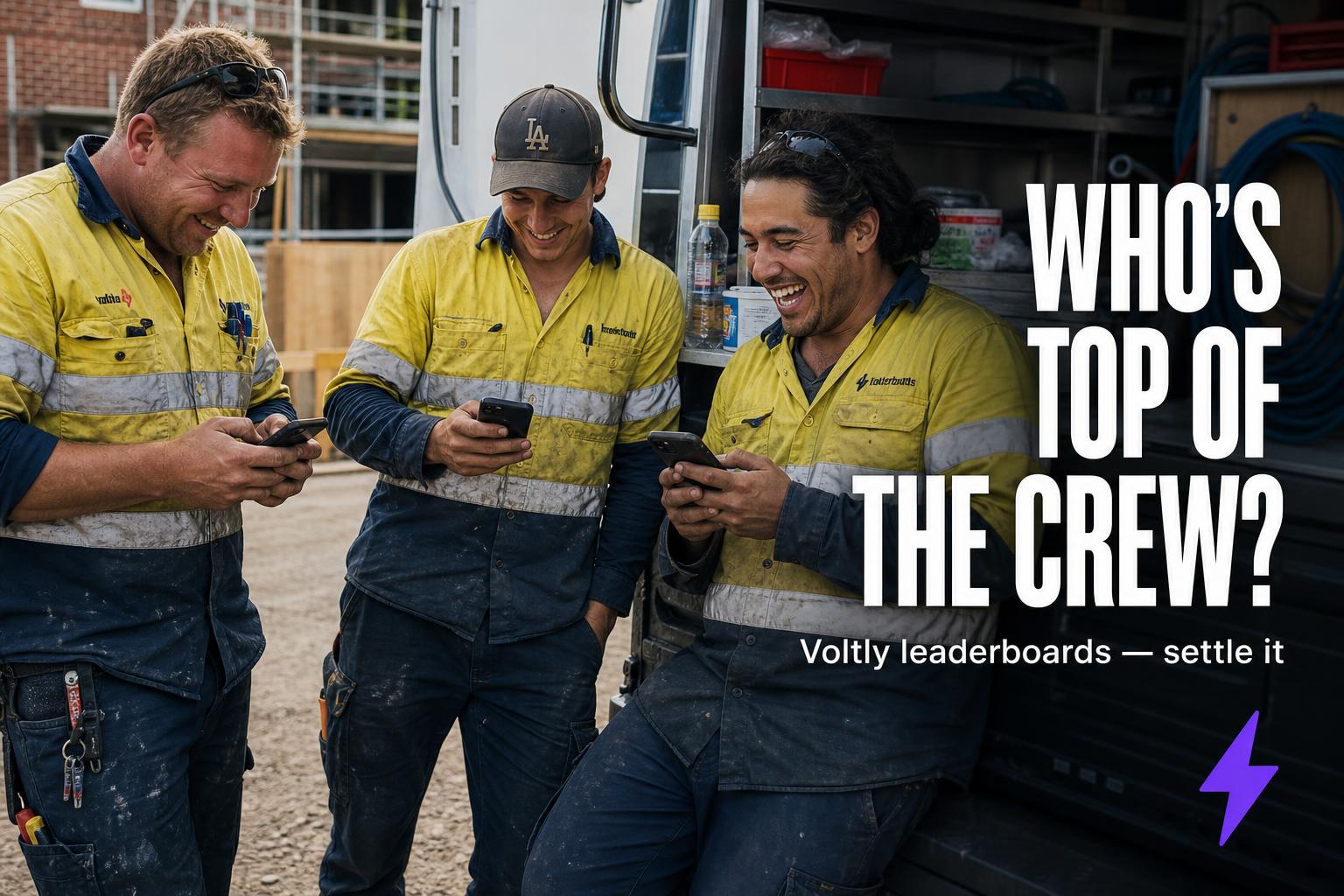 Three electricians laughing at phones with text Whos Top Of The Crew