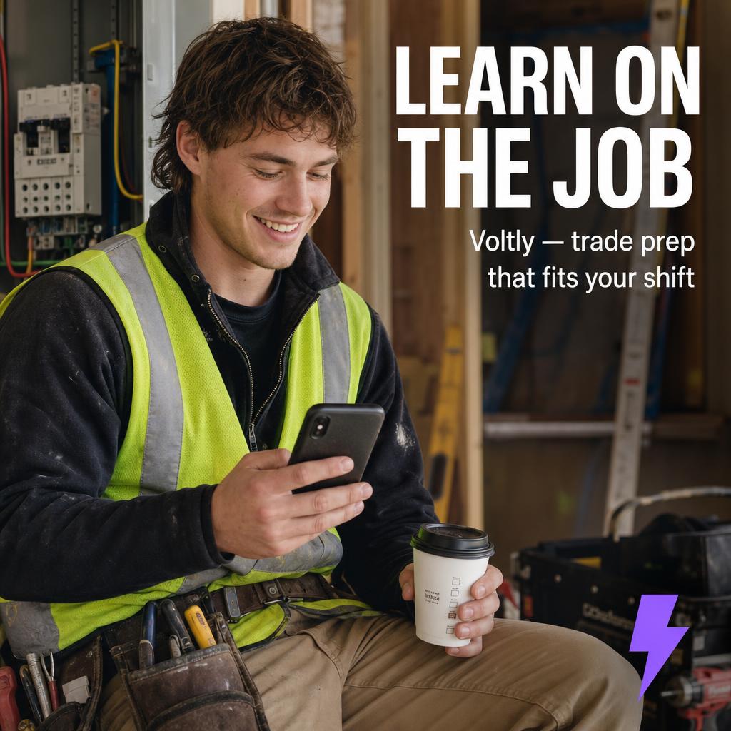 Photographic ad of apprentice electrician on jobsite holding phone