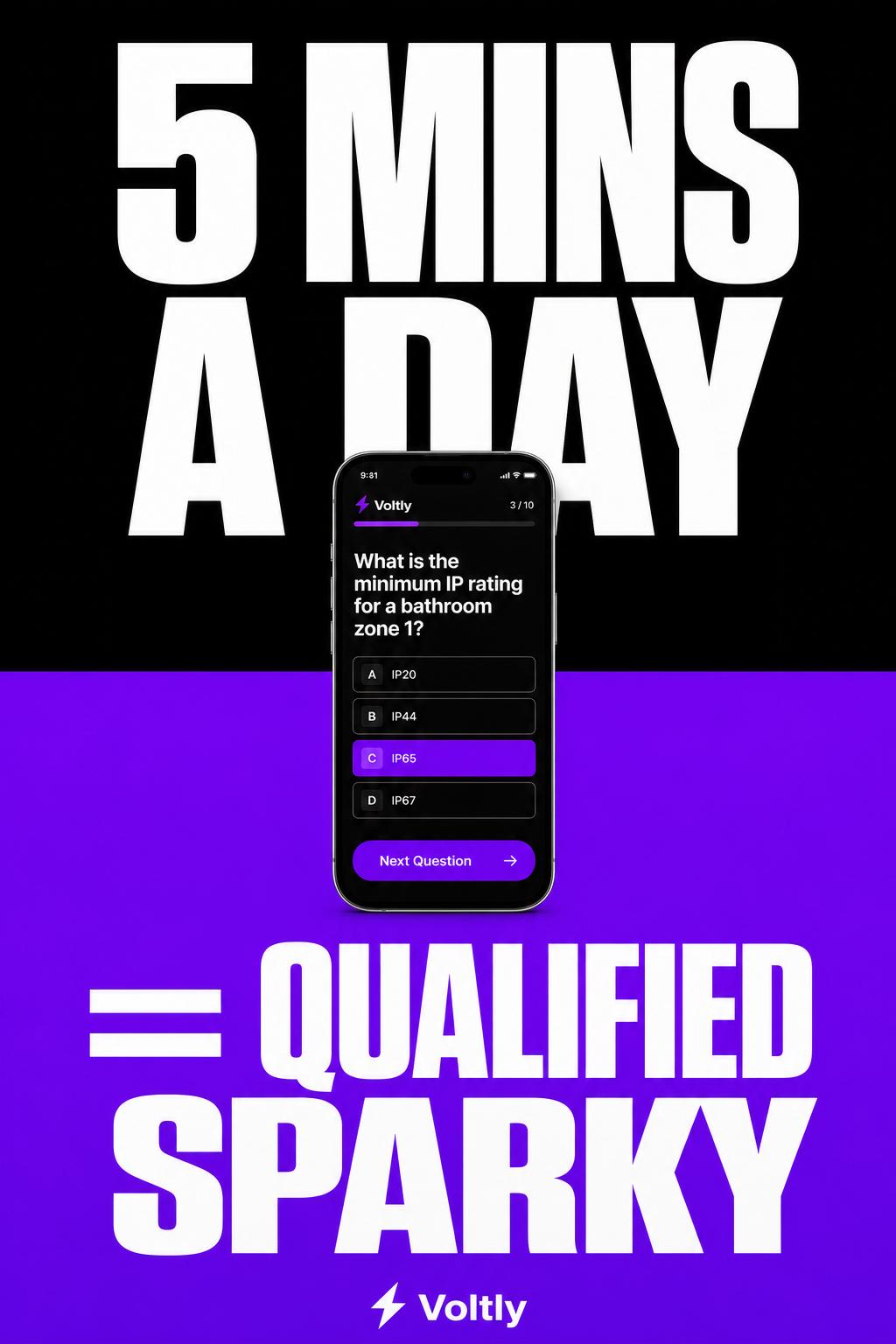 Black and purple split poster ad 5 mins a day equals qualified sparky